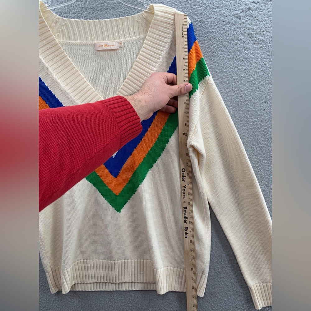 Tory Burch Cream V‑Neck Sweater with Blue, Orange & Green Chevron - Picture 7 of 11